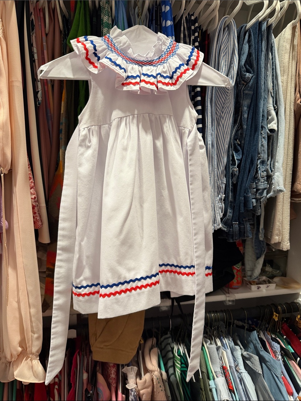 White Girls' Ruffled Neck Dress with Red & Blue Trim